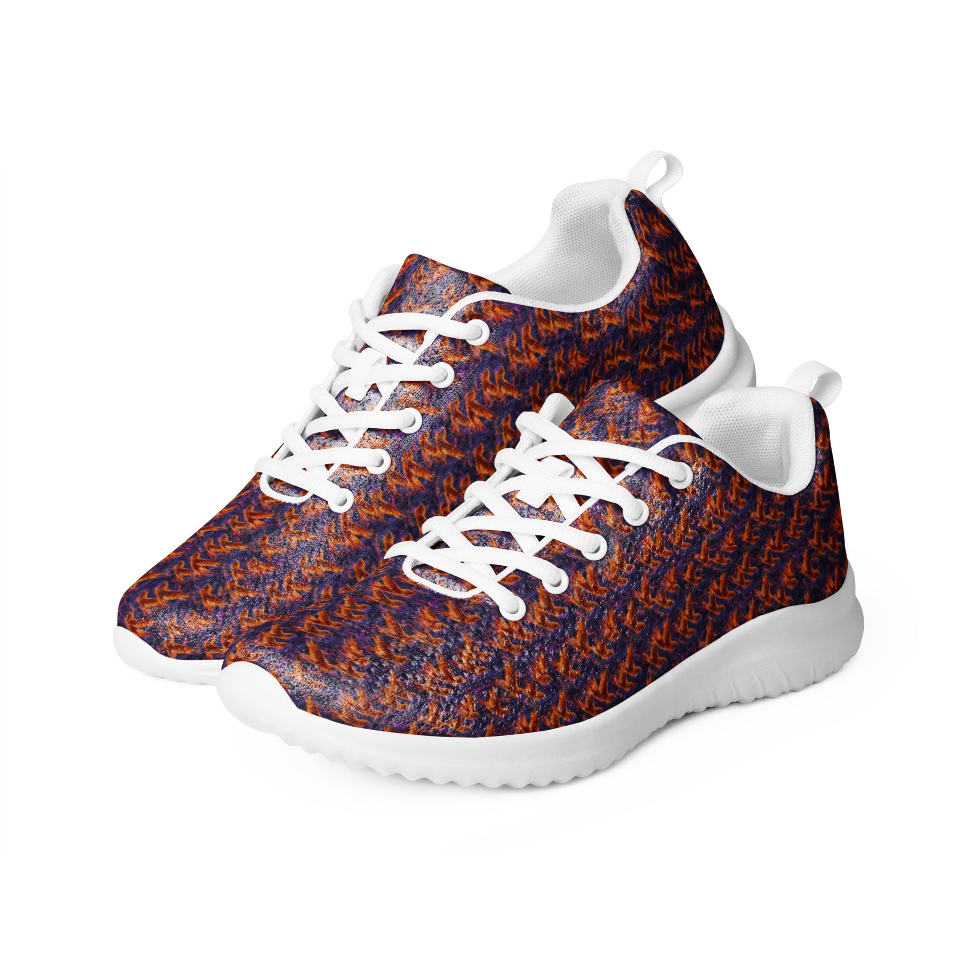 Men's athletic shoes with blue and orange patterned upper, white laces, rounded toe