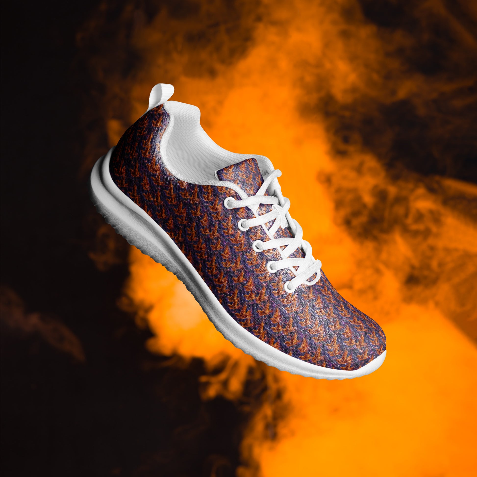 Low-top athletic shoe in orange-and-blue knit with white laces and thick white sole