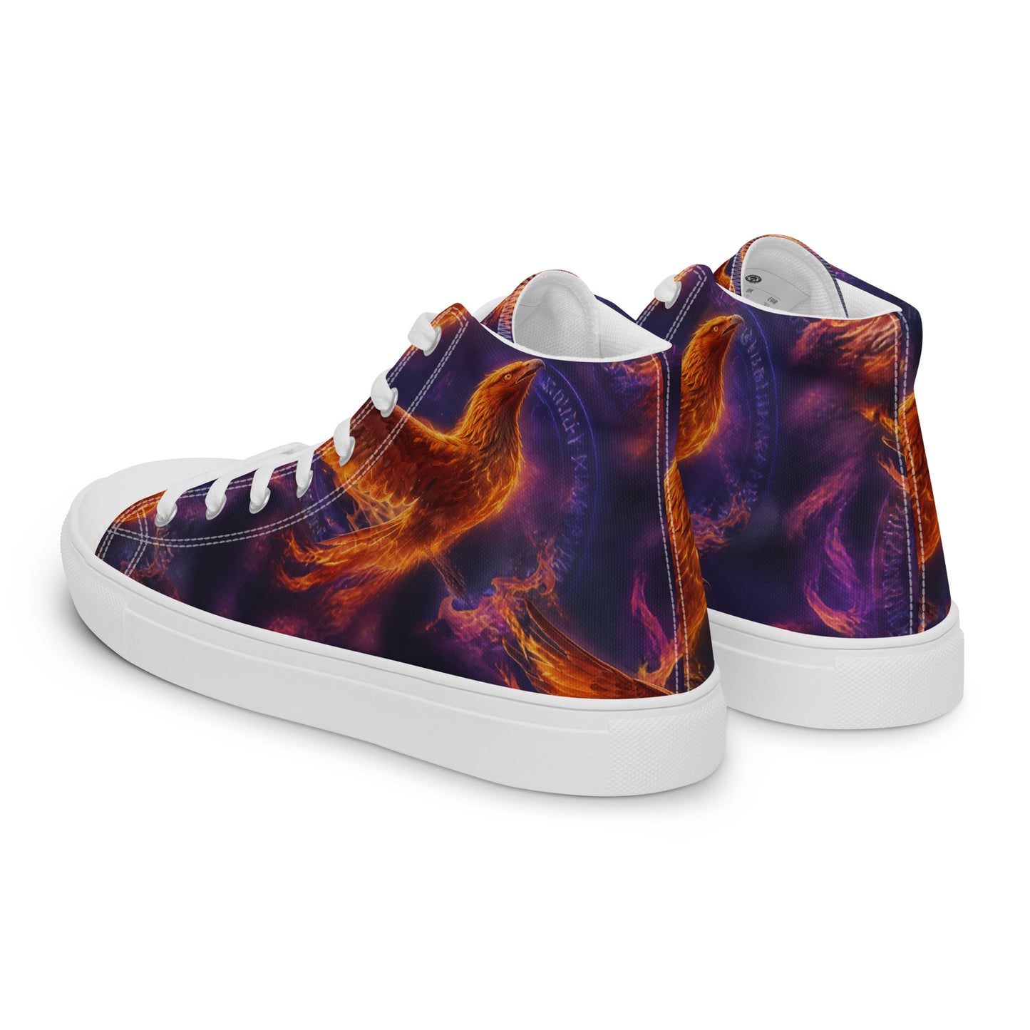 Men’s high-top canvas shoes, heel and side view; purple-orange flame print, white laces, rubber sole