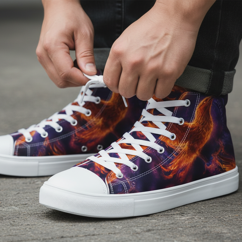Men’s high-top canvas shoes, purple with orange flame print, white laces, white rubber sole