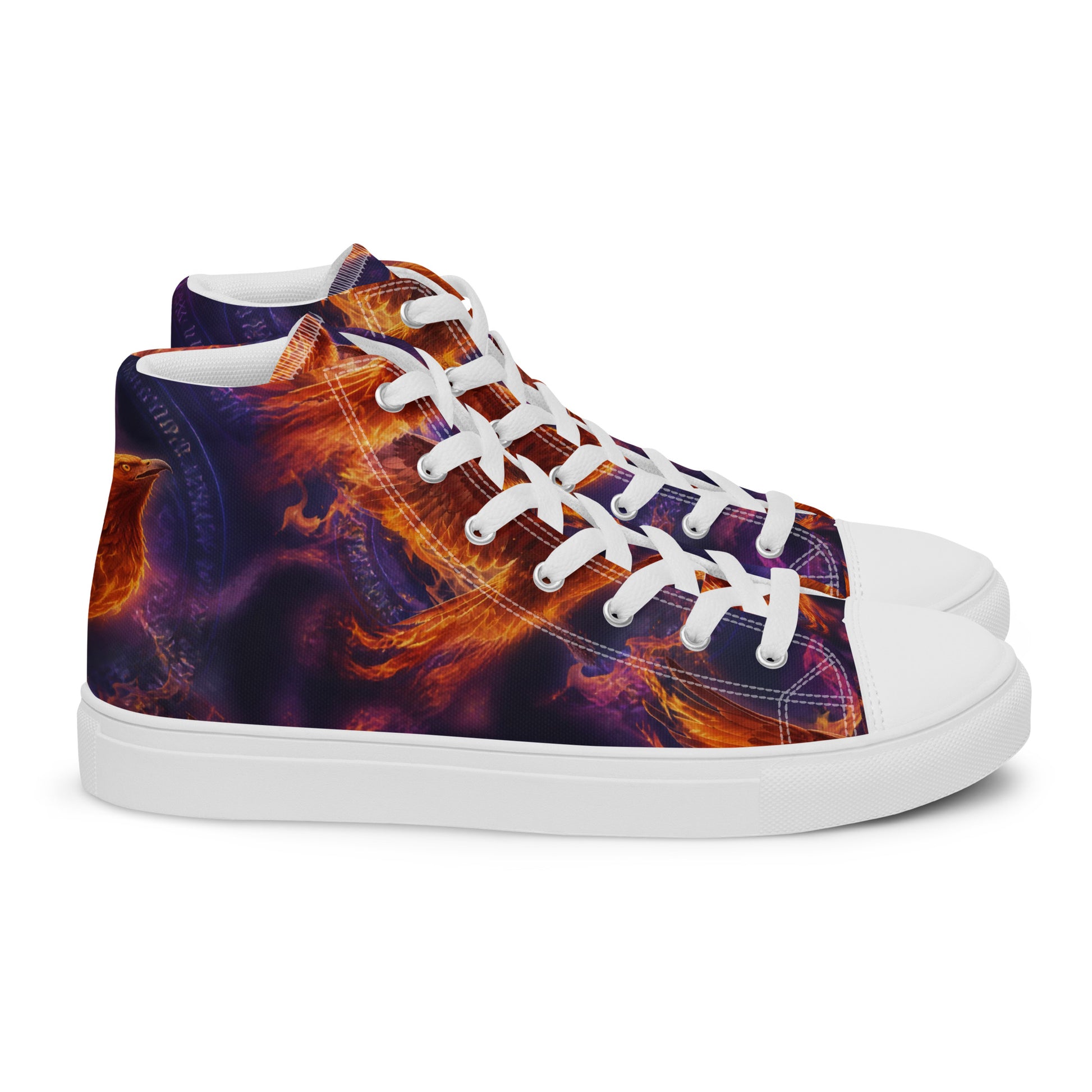 Men’s high-top canvas shoes, angled side view; purple with orange flame print, white laces, white sole