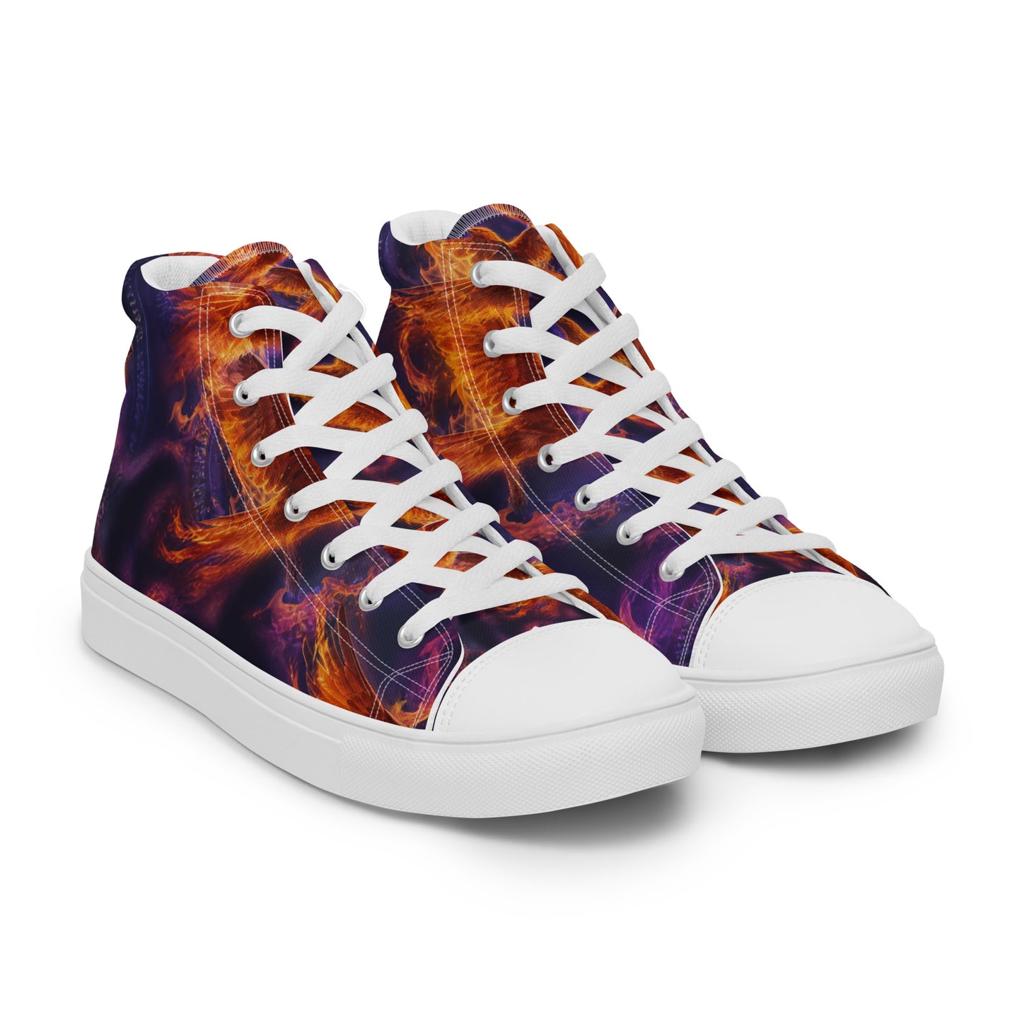 Men’s high-top canvas shoes, three-quarter front view; purple with orange flame print, white laces