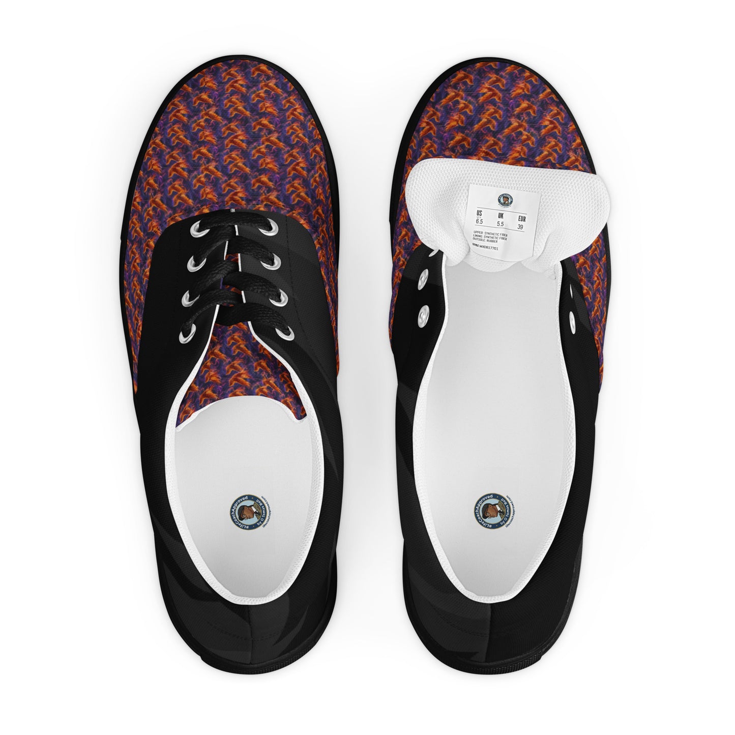 Top view of flame-pattern lace-up sneakers with black eyestays and white lining
