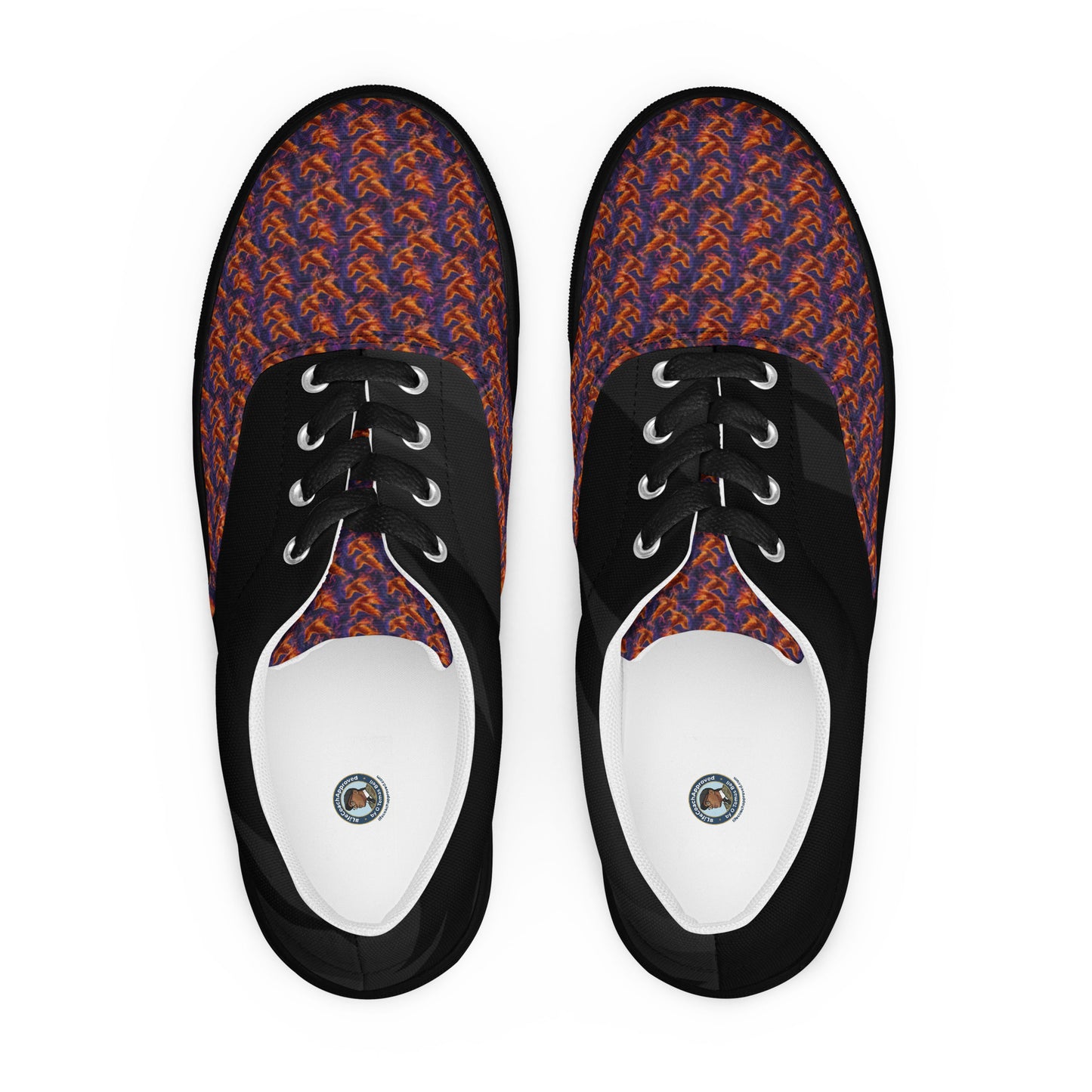 Pair of flame-pattern canvas lace-up sneakers, black toe and sides, white lining