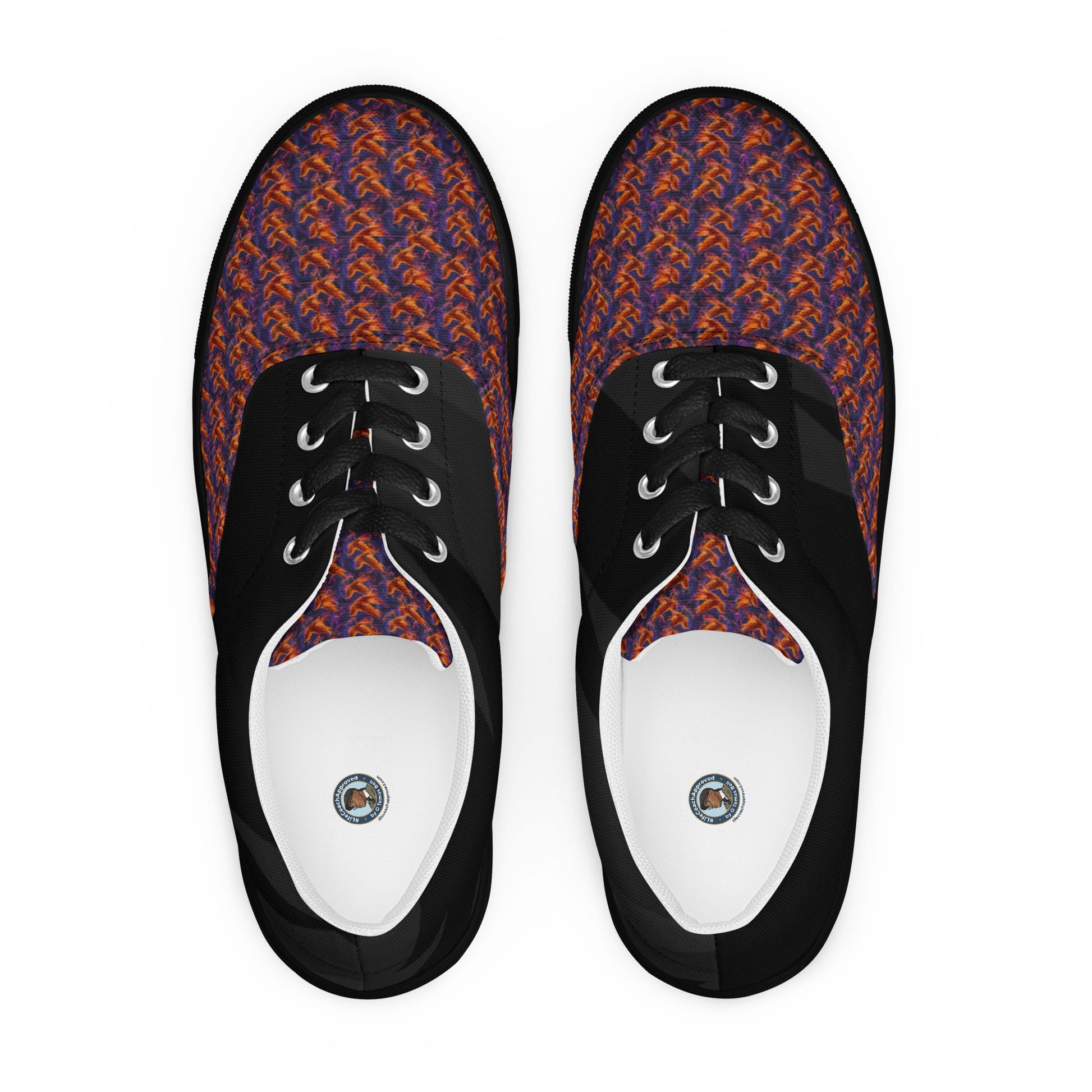 Pair of flame-pattern canvas lace-up sneakers, black toe and sides, white lining