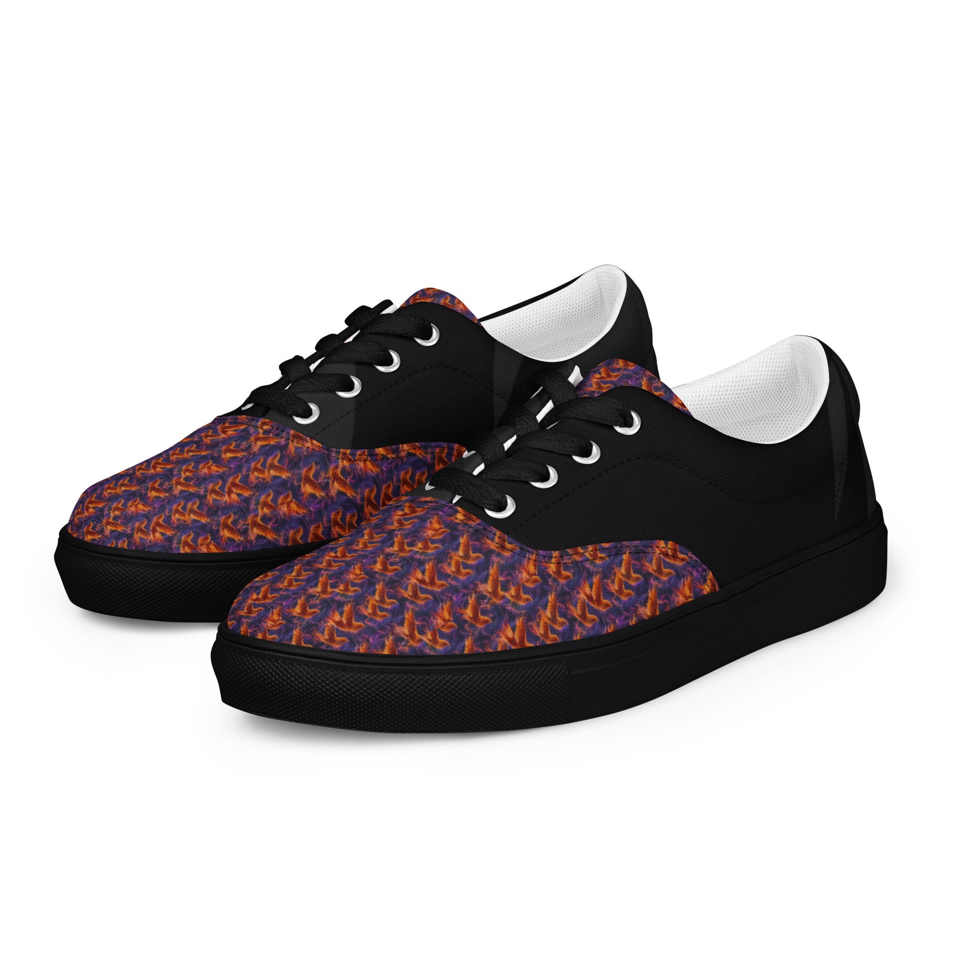Black canvas lace-up sneakers with flame-pattern toe and black rubber sole