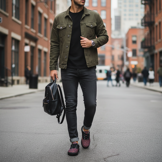 Men’s lace-up canvas shoes with black upper and flame-pattern toe and laces