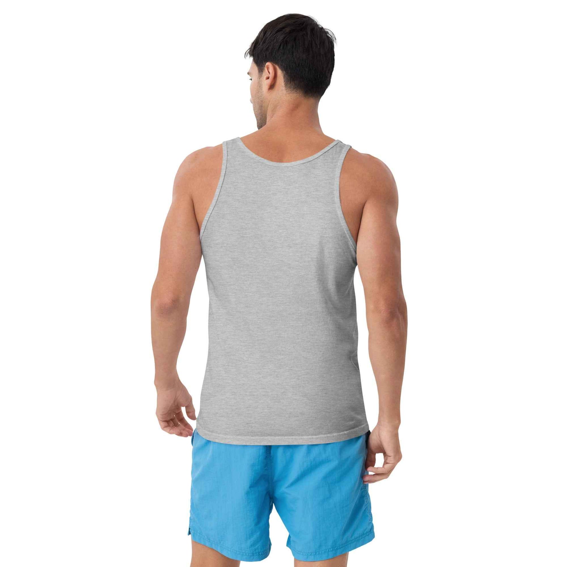 Unisex tank top, heather gray, sleeveless crew neck, back view