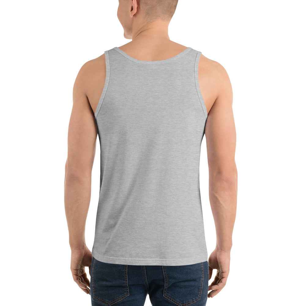 Unisex tank top in athletic heather gray, solid back view with wide shoulder straps