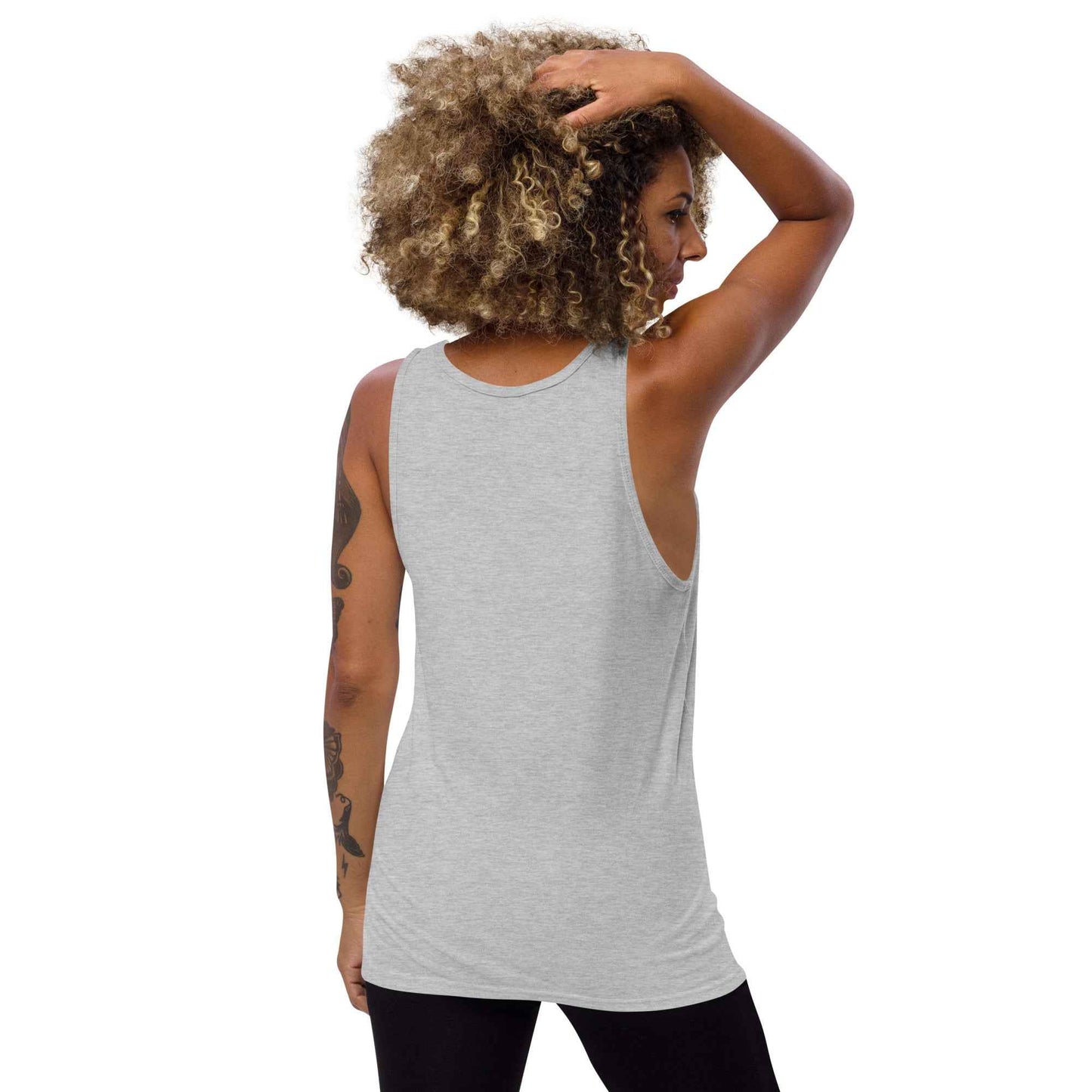 Unisex tank top, athletic heather gray, crew neck and sleeveless cut with straight hem.