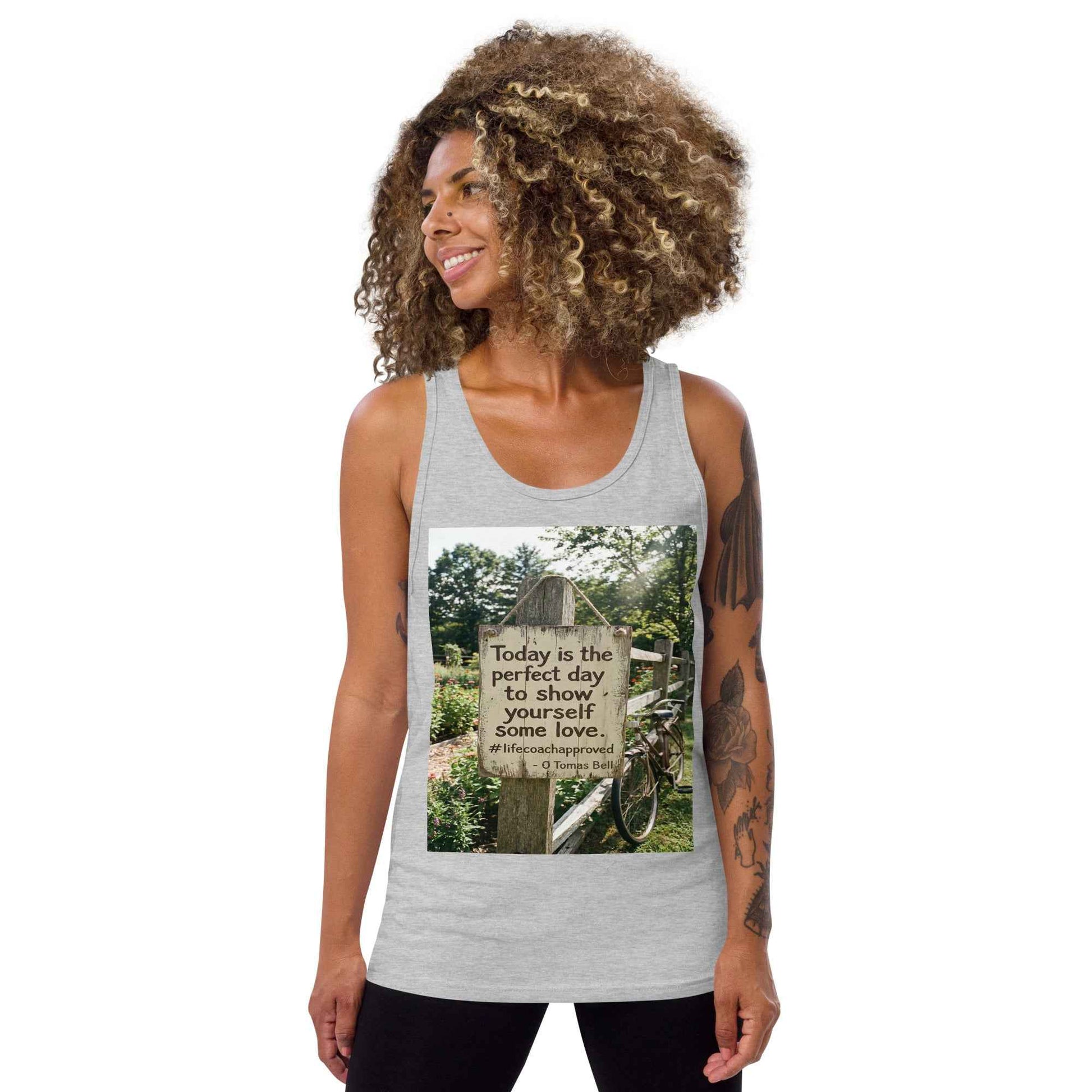 Unisex tank top, heather gray, sleeveless scoop neck, front photo graphic print