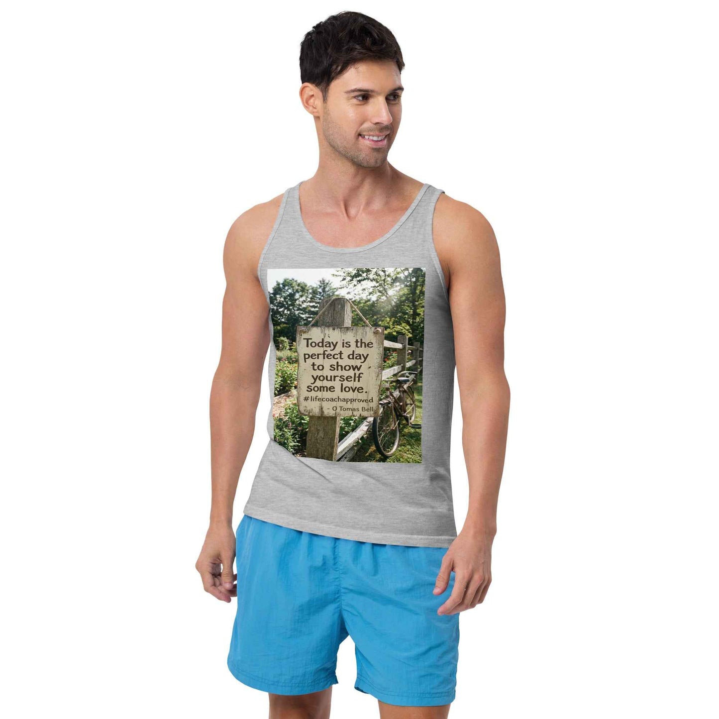 Athletic heather gray unisex tank top with scoop neck and front graphic square print.
