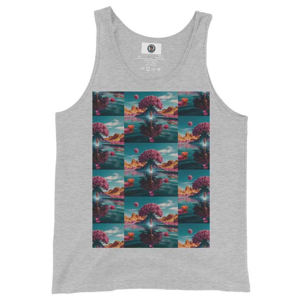 Unisex tank top in Athletic Heather gray with large square scenic graphic print at center front