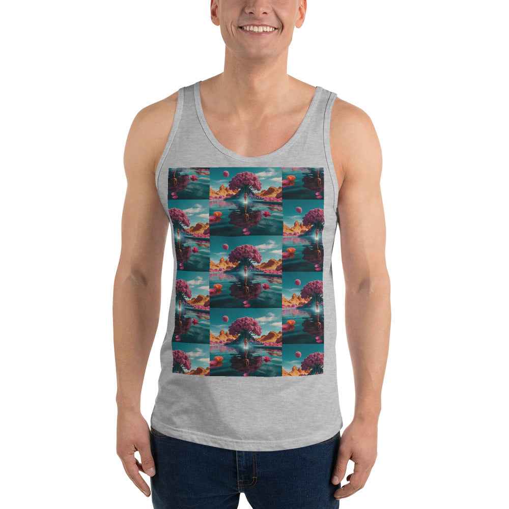 Unisex tank top, athletic heather gray, sleeveless scoop neck with colorful front photo graphic