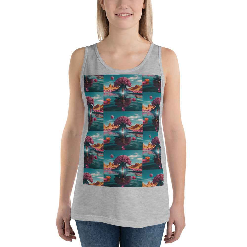 Unisex tank top in athletic heather gray with colorful square graphic on front, wide straps