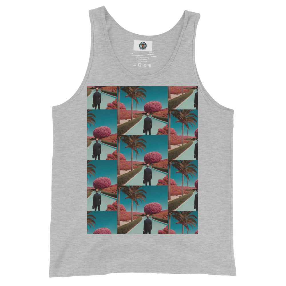 Athletic heather unisex tank top with colorful collage print on front
