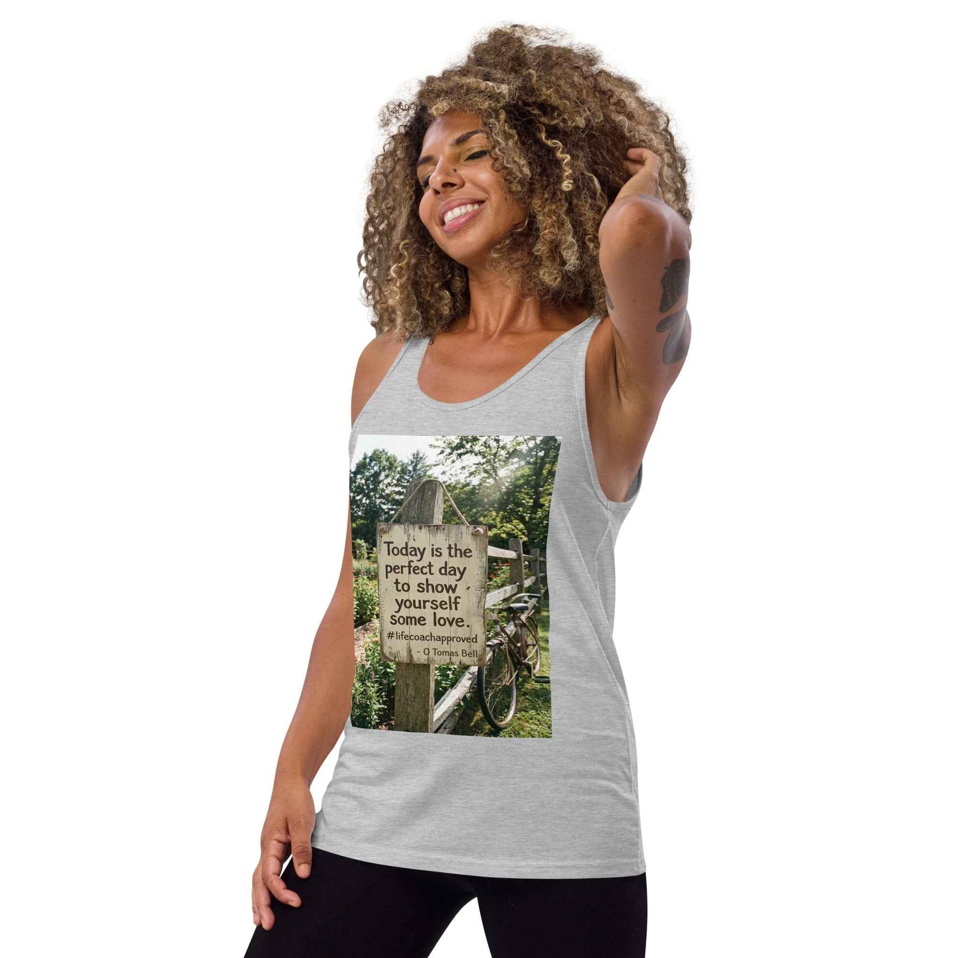 Light gray unisex tank top with front square graphic print, scoop neck, sleeveless.