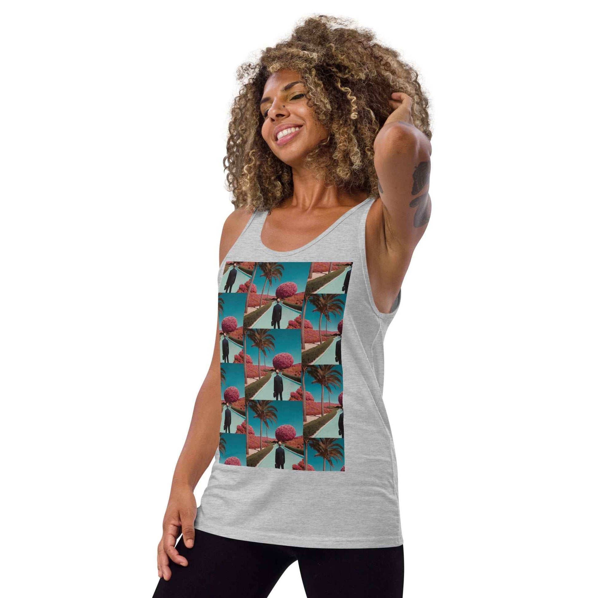 Unisex tank top in heather gray with colorful tropical front graphic, scoop neck