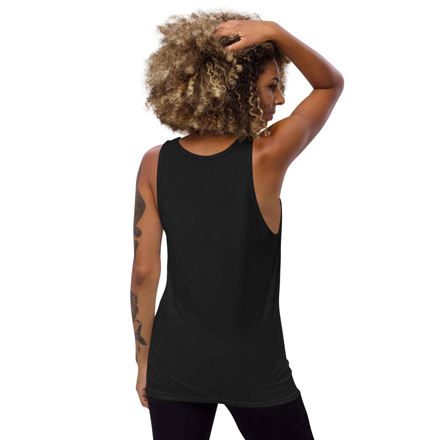 Black unisex tank top with scoop neck and racerback