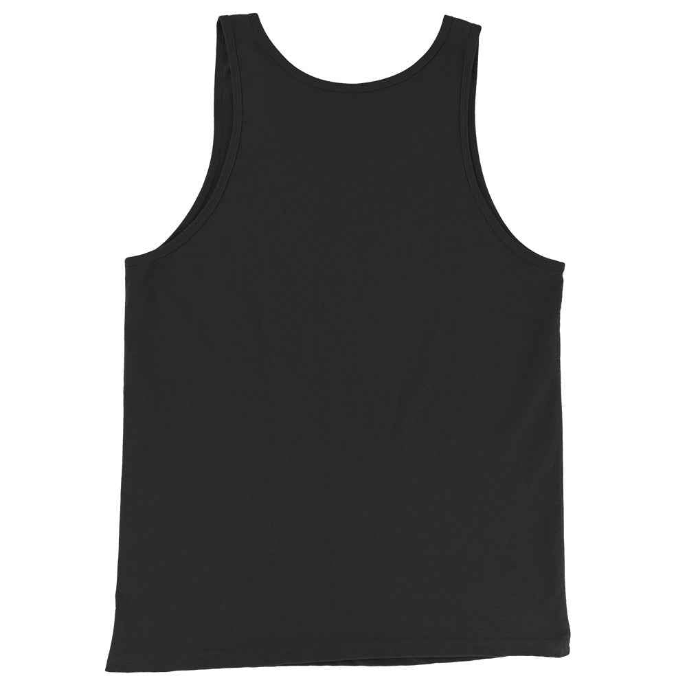 Unisex tank top in black, plain front with scoop neckline and wide shoulder straps