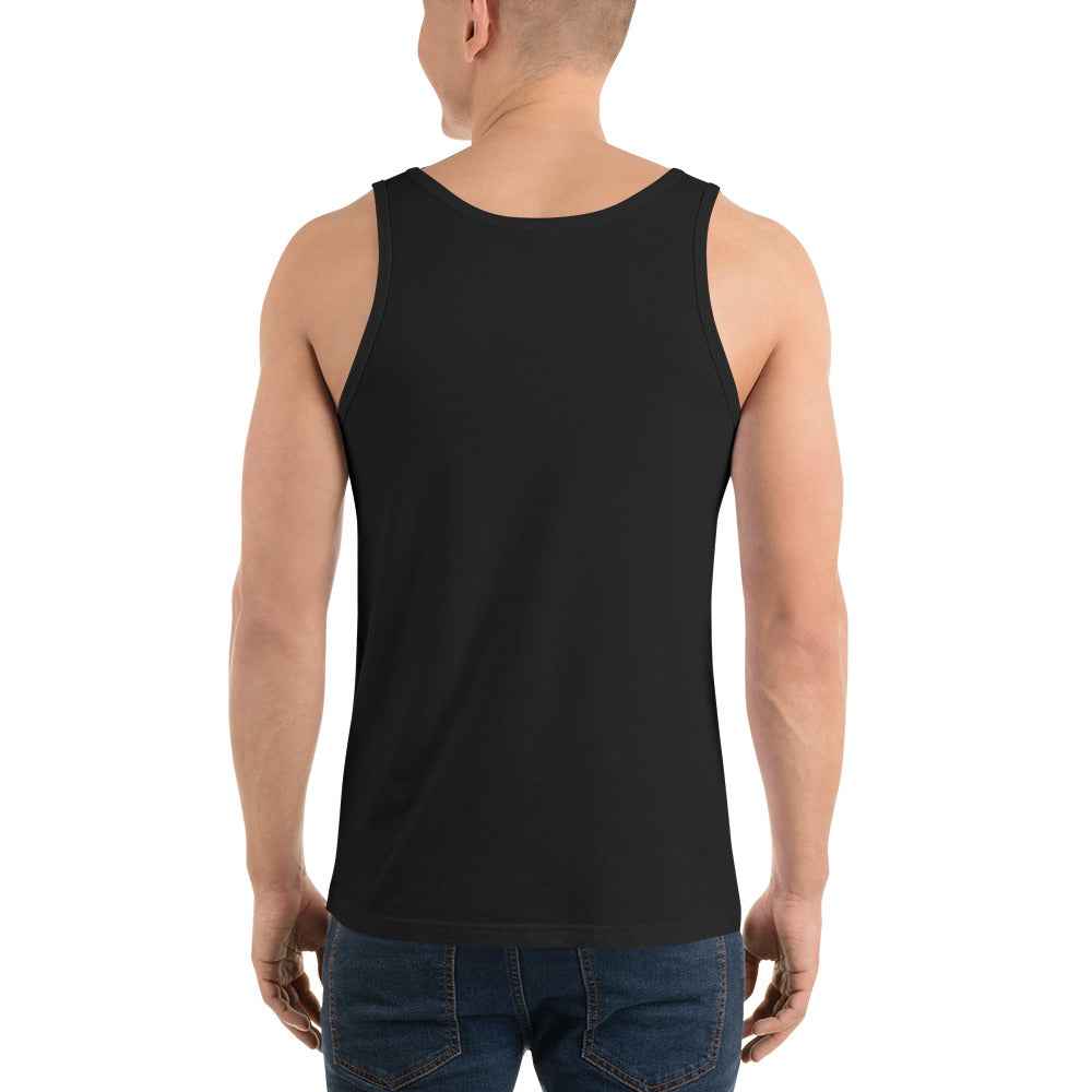 Unisex tank top, black, scoop neck back view with sleeveless cut