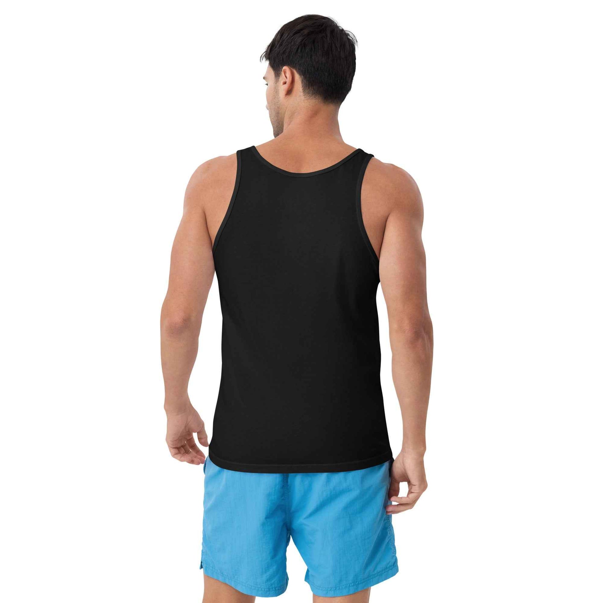 Unisex tank top, black, back view with crew scoop neck and sleeveless cut.