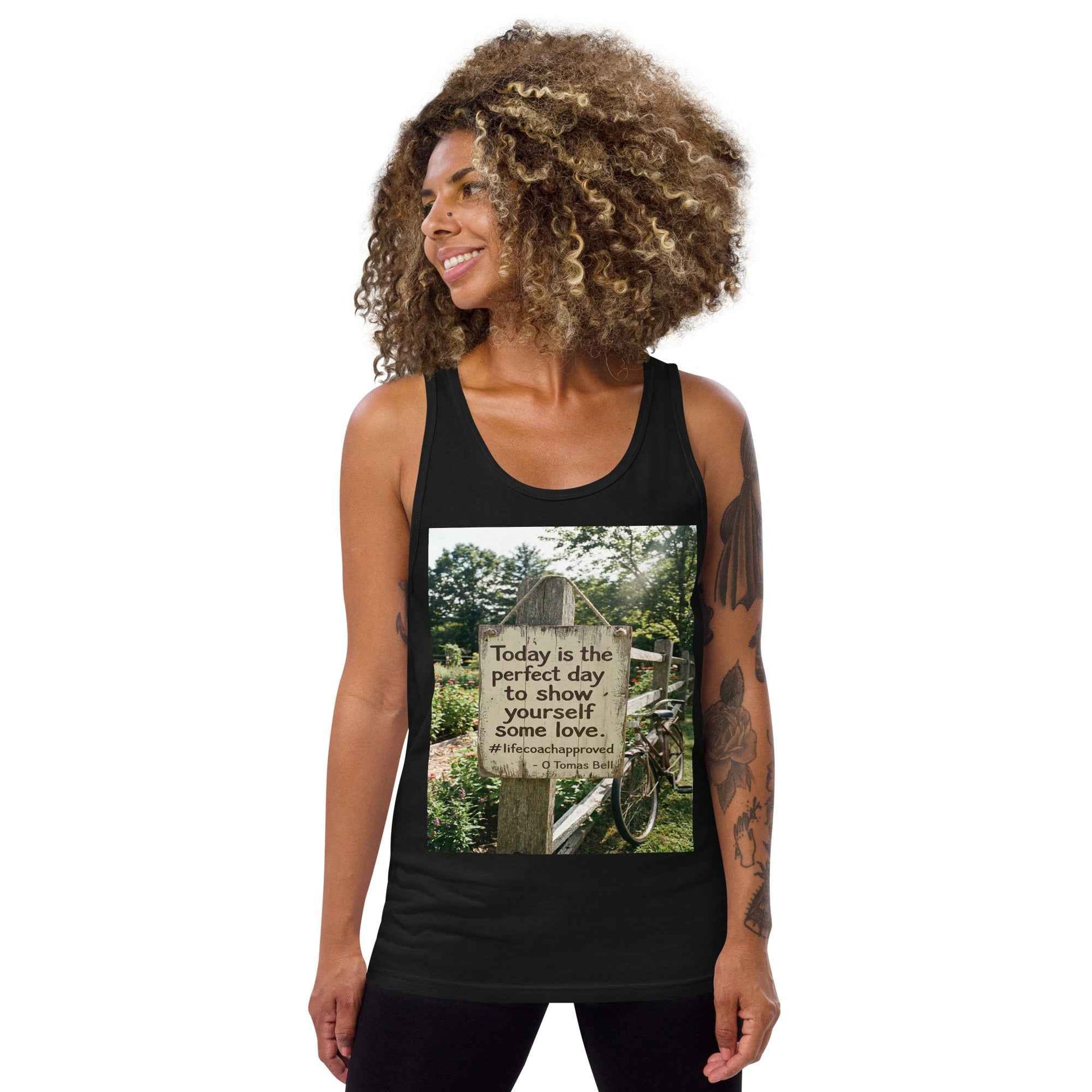 Unisex tank top, black, sleeveless scoop neck, front photo graphic print
