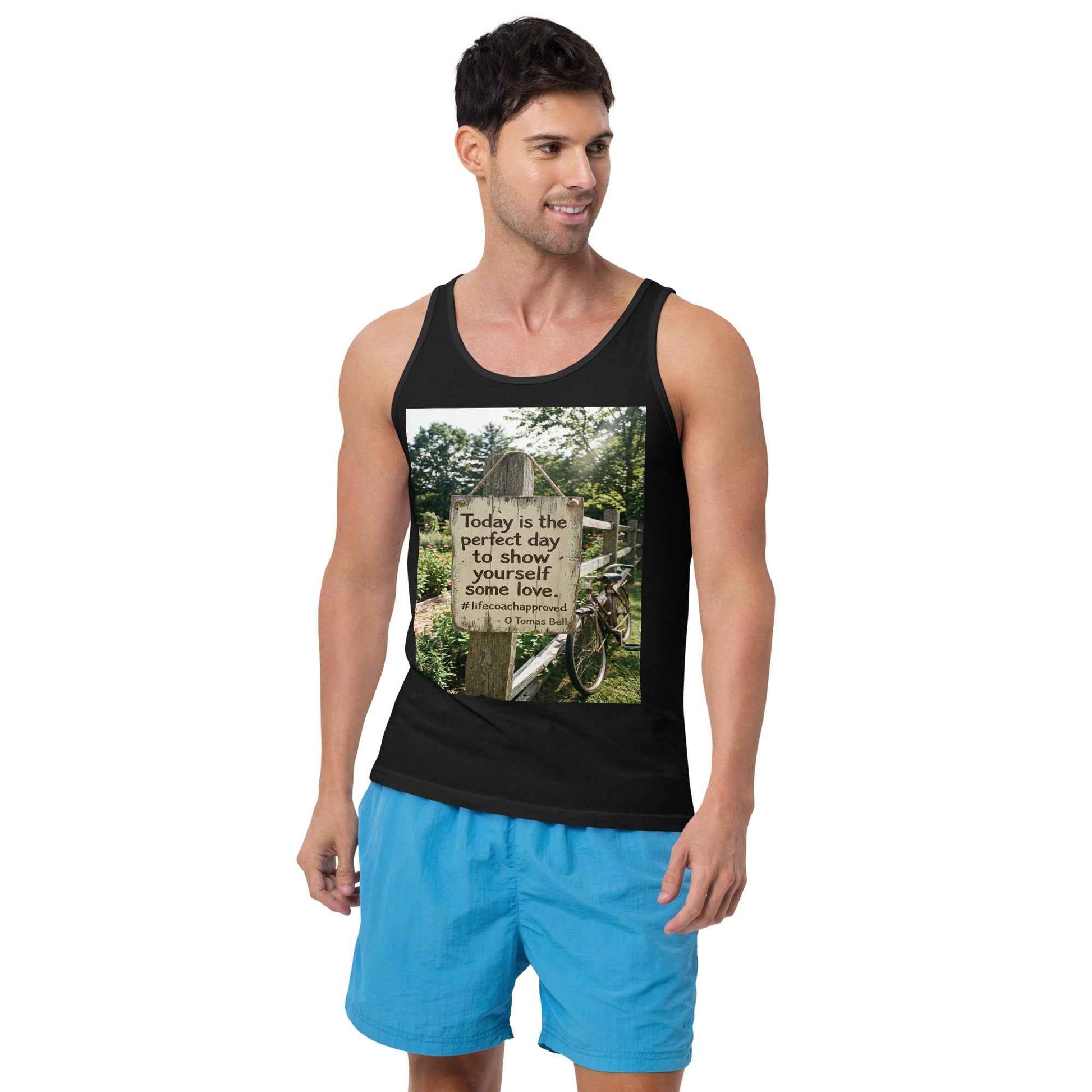 Black unisex tank top with scoop neck and front graphic square print.