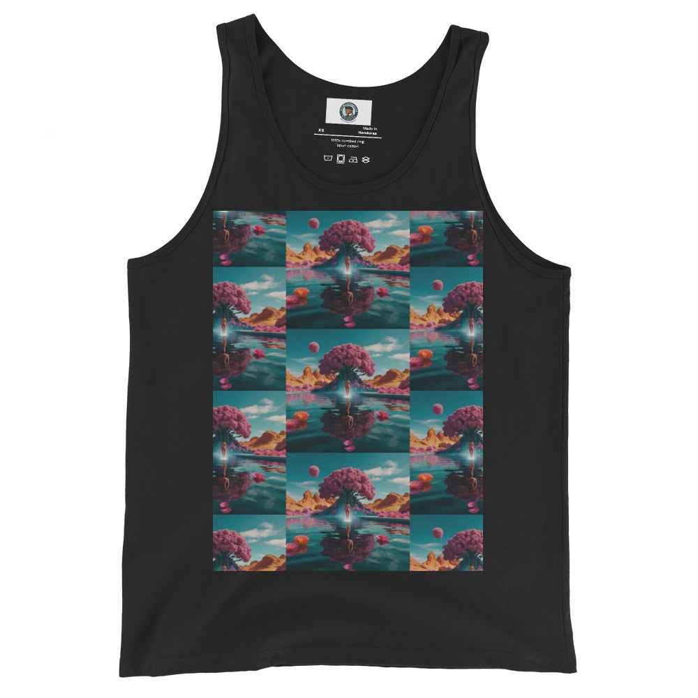Unisex tank top in black with large square scenic graphic print at center front