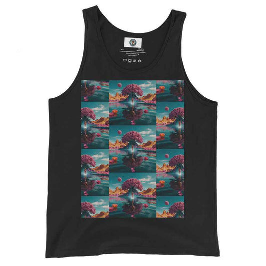 Unisex tank top in black with large square scenic graphic print at center front