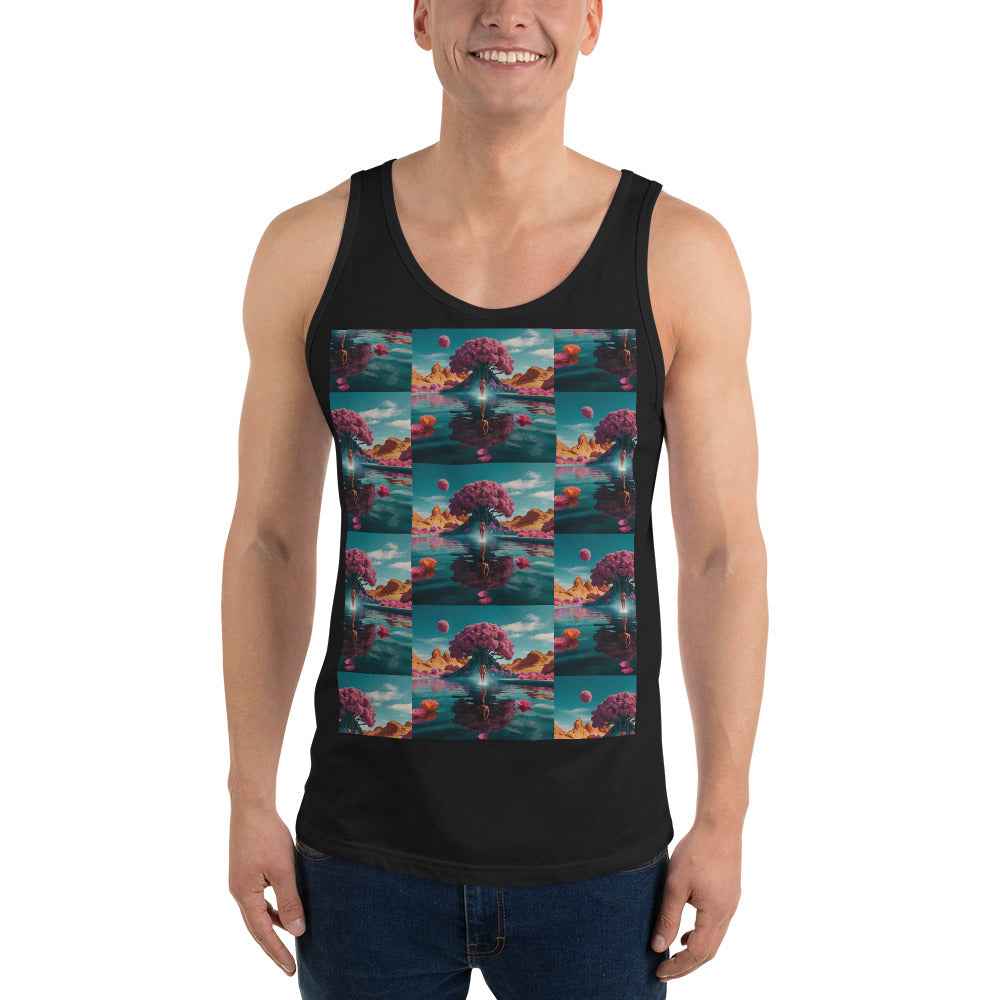 Unisex tank top, black, sleeveless scoop neck with colorful front photo graphic