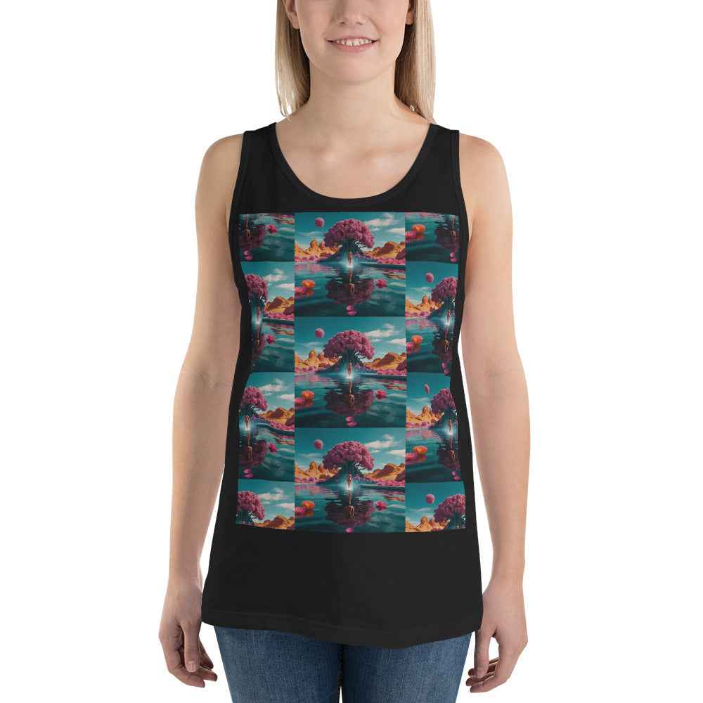 Unisex tank top in black with colorful square graphic on front, wide shoulder straps