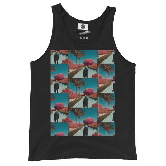 Black unisex tank top with colorful collage print on front