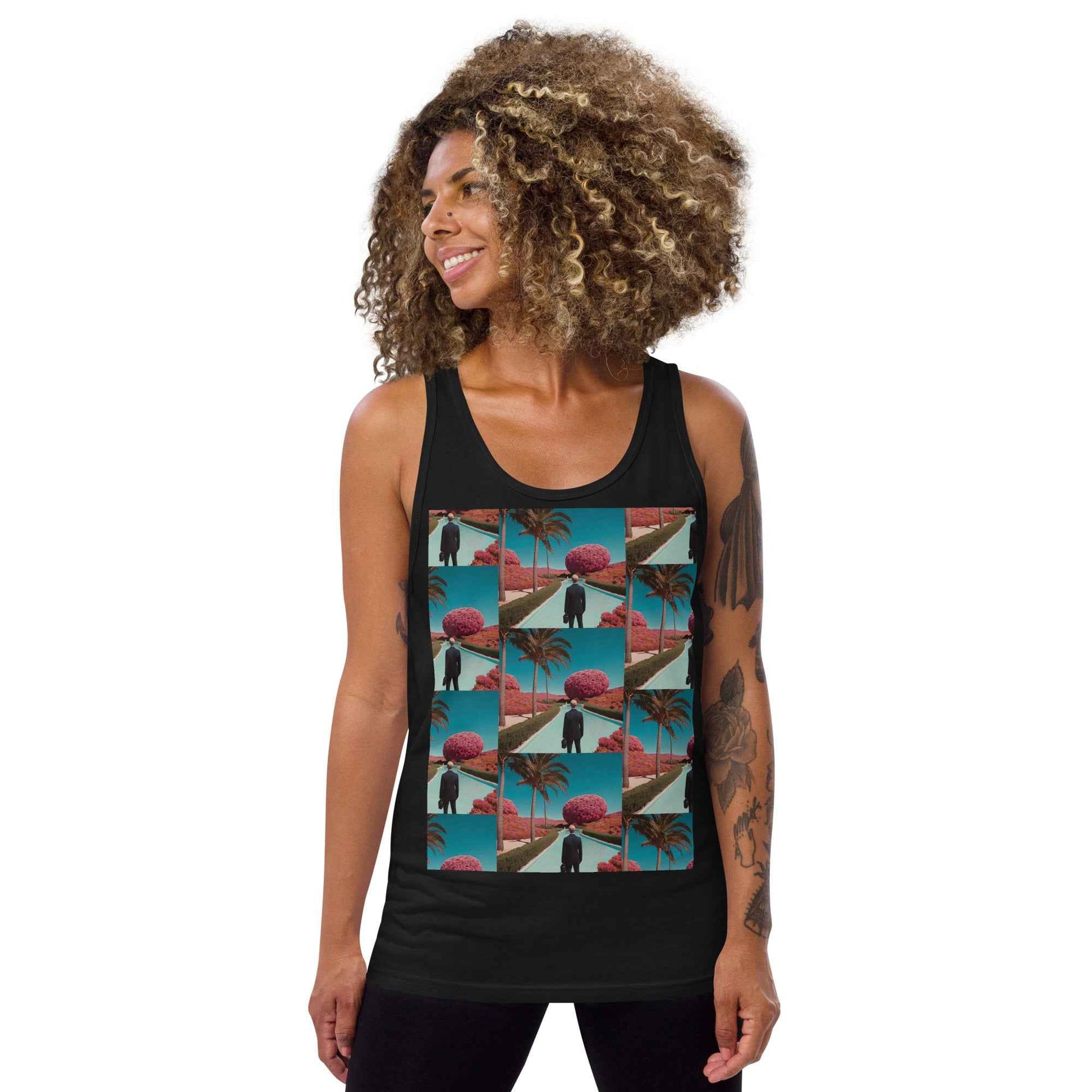 Unisex tank top, black sleeveless with multicolor photo graphic front
