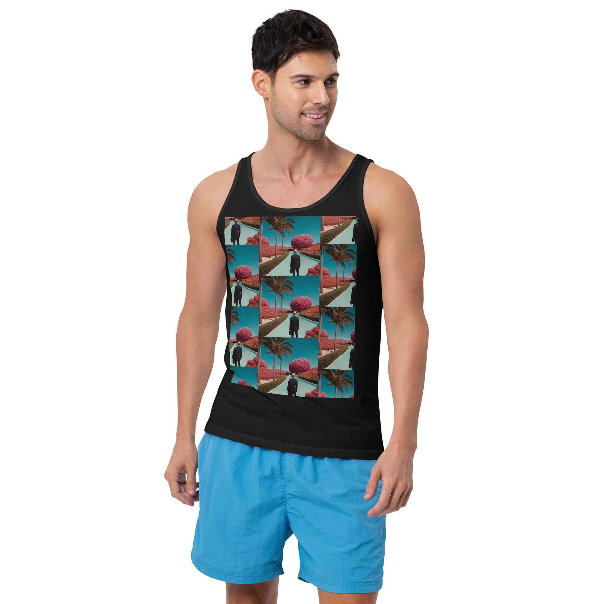 Unisex tank top, black, graphic photo collage print on front, sleeveless scoop neck.