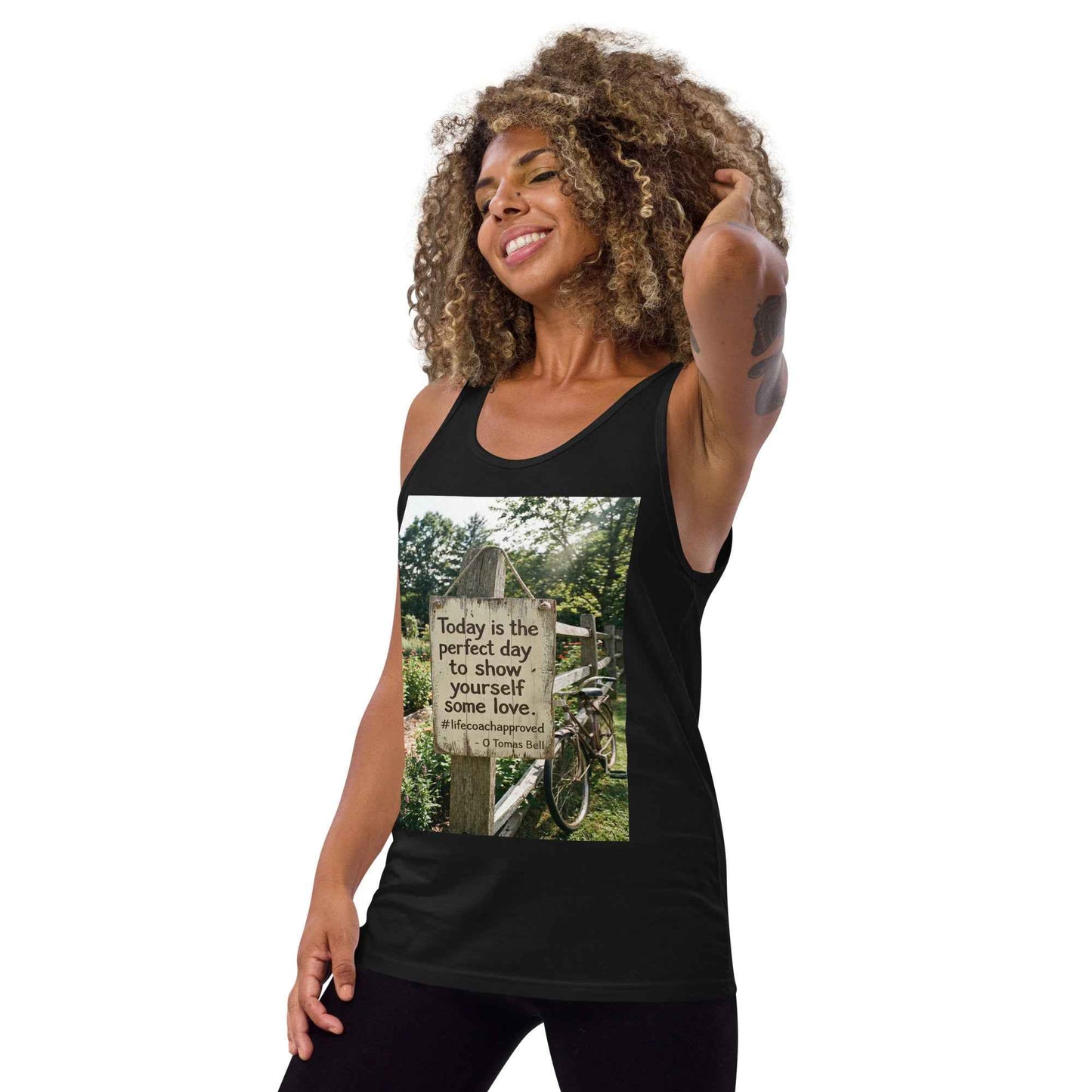 Black unisex tank top with front inspirational quote graphic print