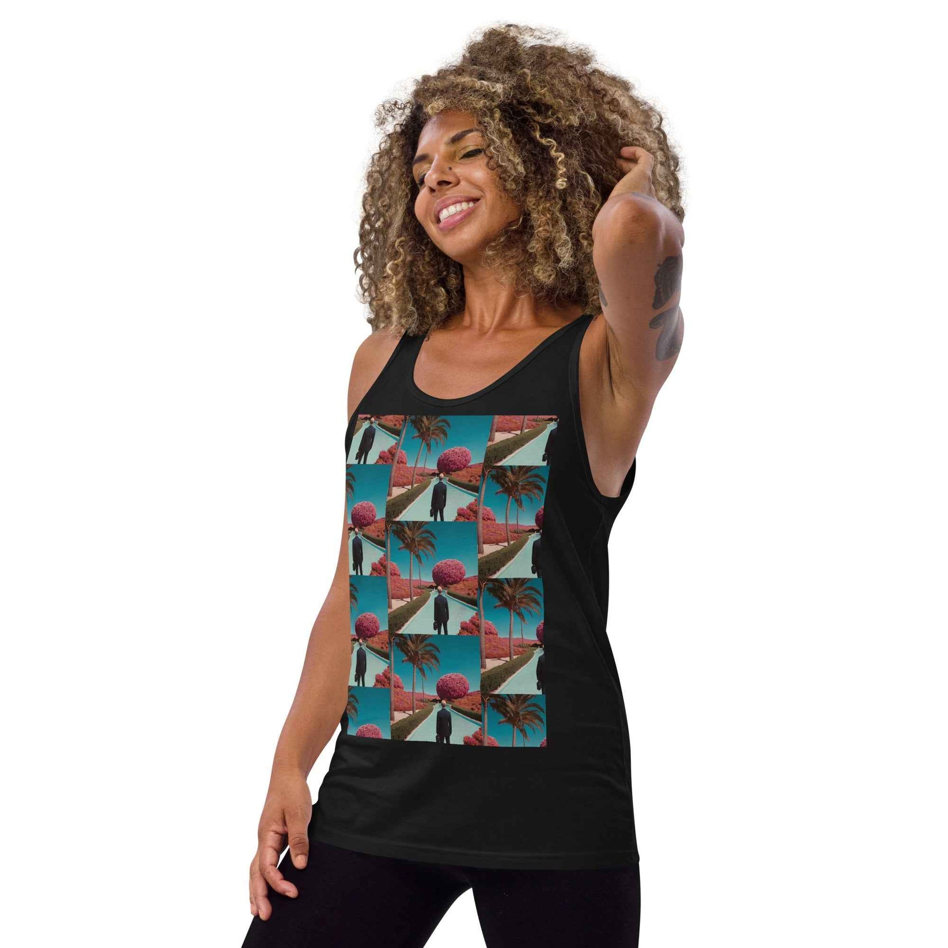 Unisex tank top, black, sleeveless crew neck with colorful front photo collage print.