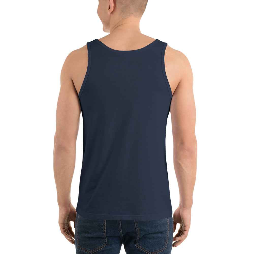 Unisex tank top, navy, scoop neck back view with sleeveless cut