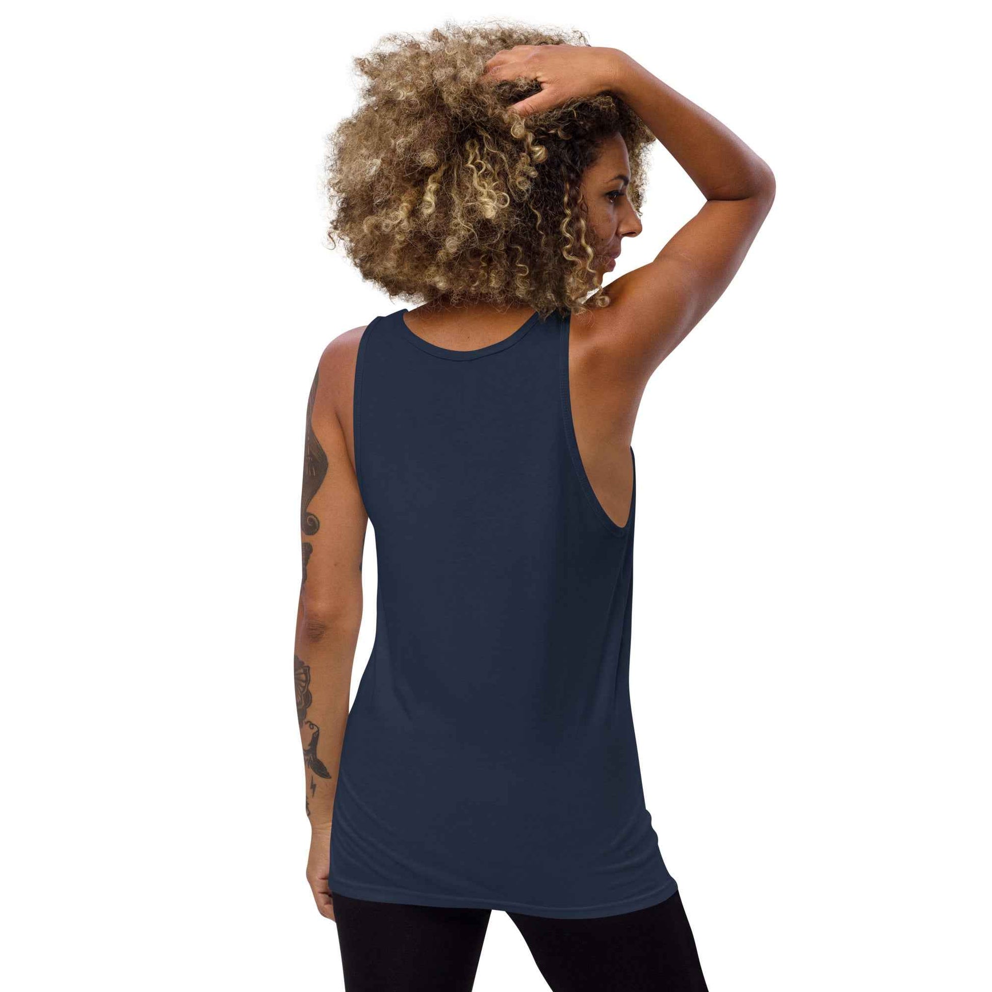 Unisex tank top, navy, crew neck and sleeveless cut with straight hem.