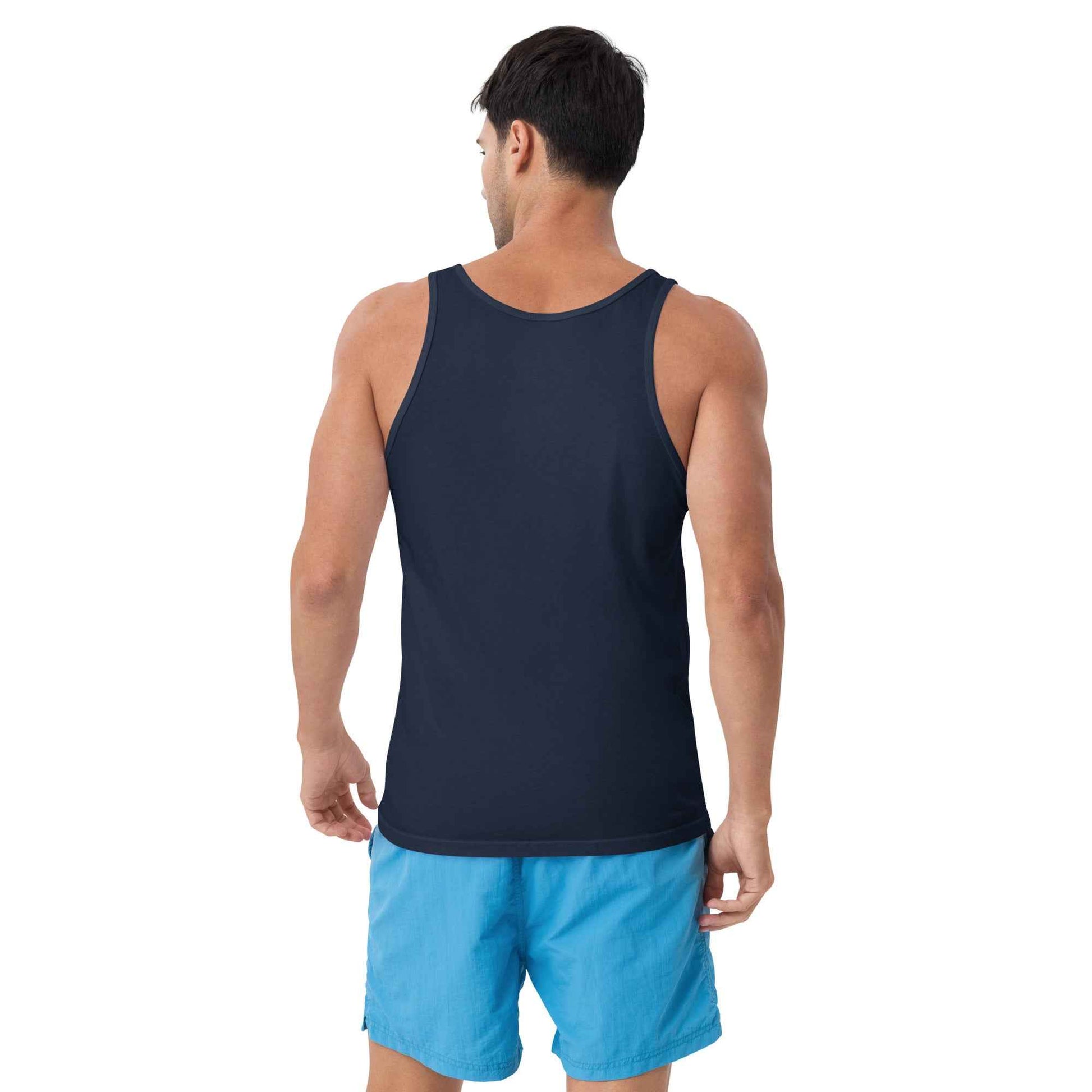 Unisex tank top, navy, back view with crew scoop neck and sleeveless cut.