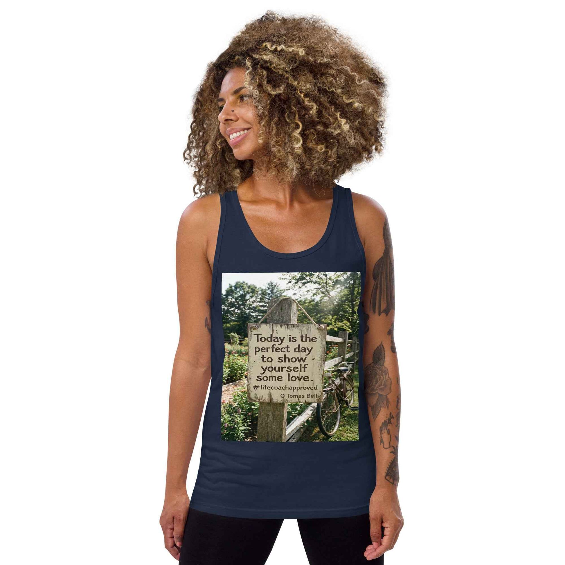 Unisex tank top, navy blue, sleeveless scoop neck, front photo graphic print