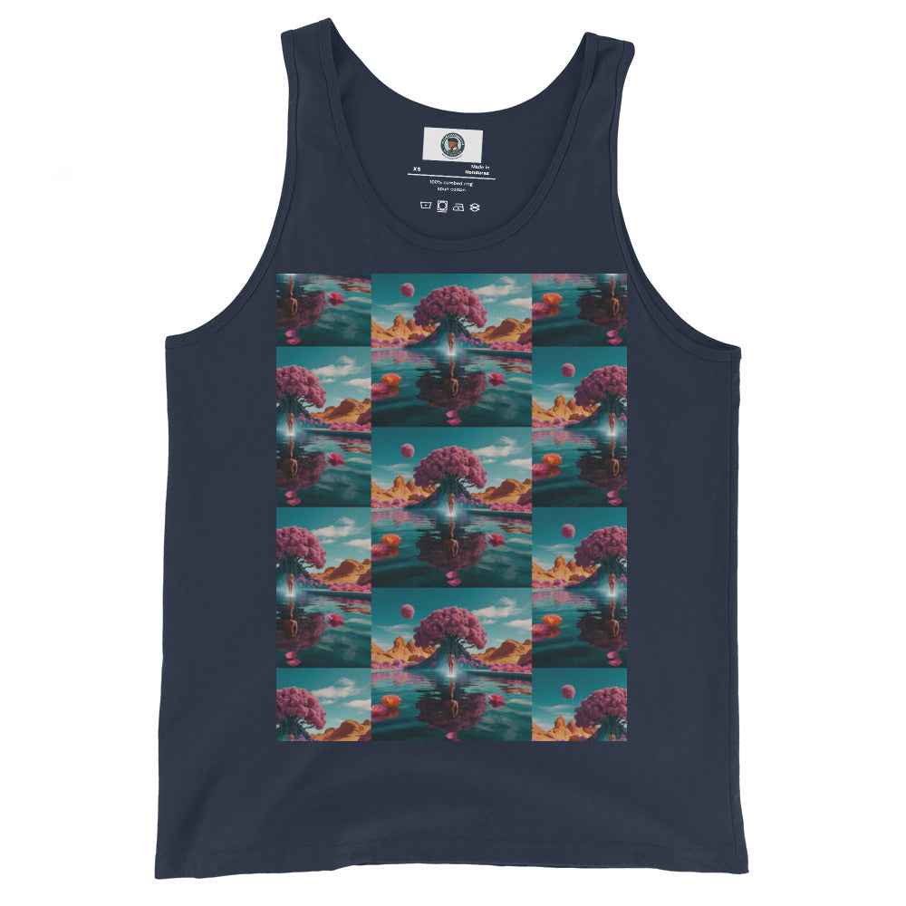 Unisex tank top in navy with large square scenic graphic print at center front