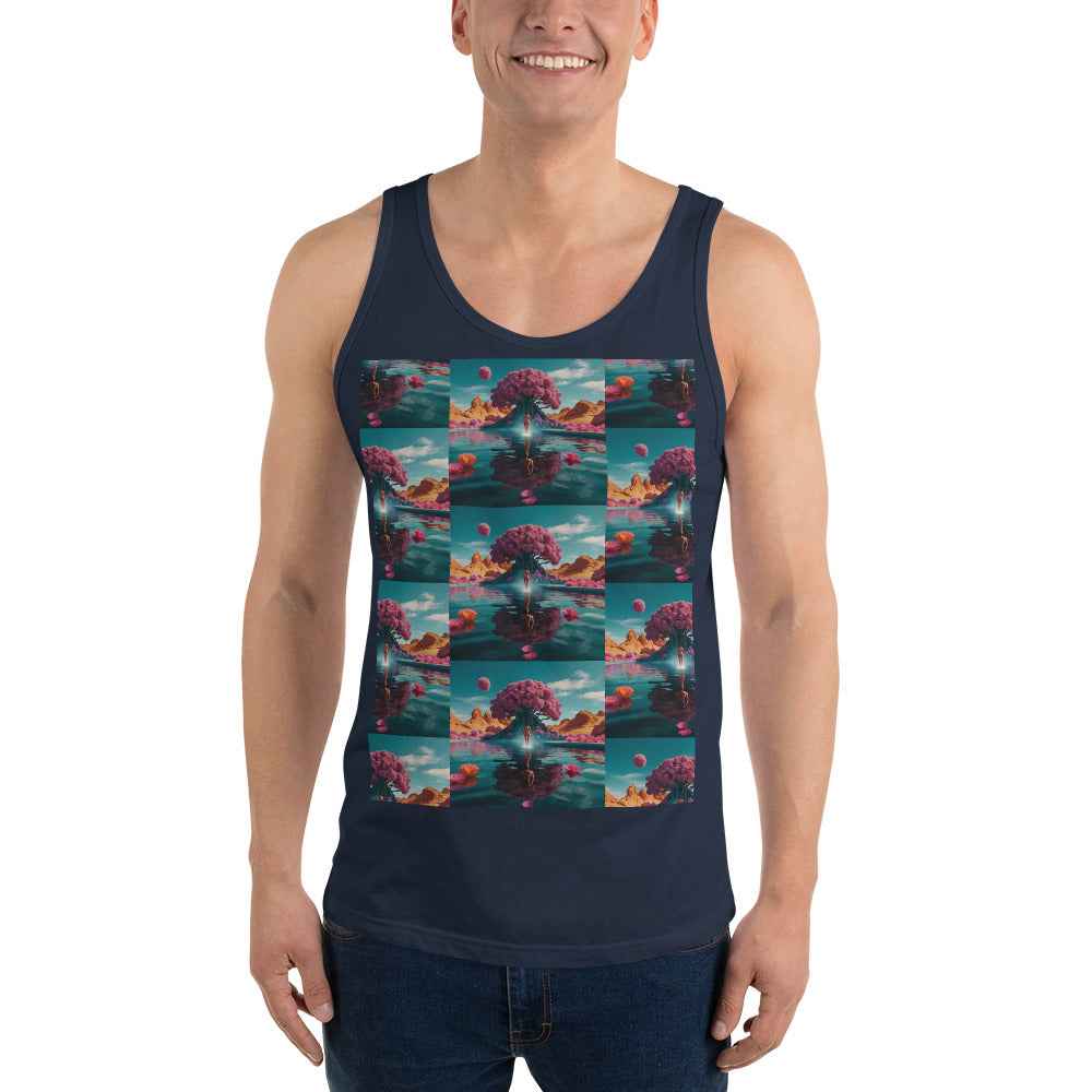 Unisex tank top, navy, sleeveless scoop neck with colorful front photo graphic