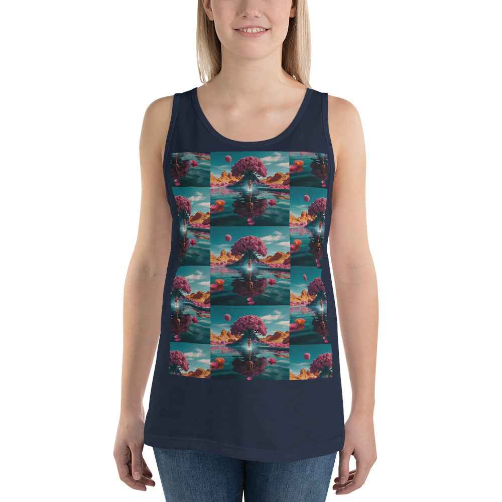 Unisex tank top in navy with colorful square graphic on front, wide shoulder straps