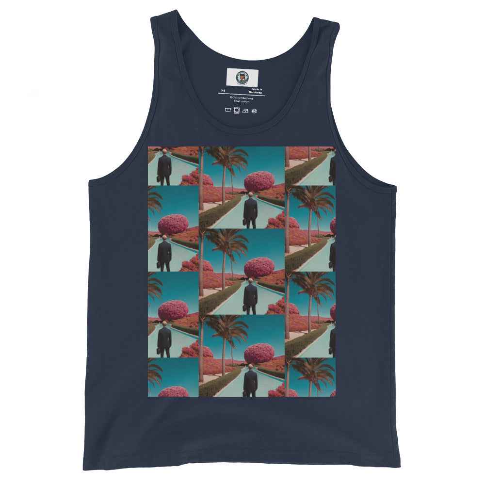 Navy unisex tank top with colorful collage print on front