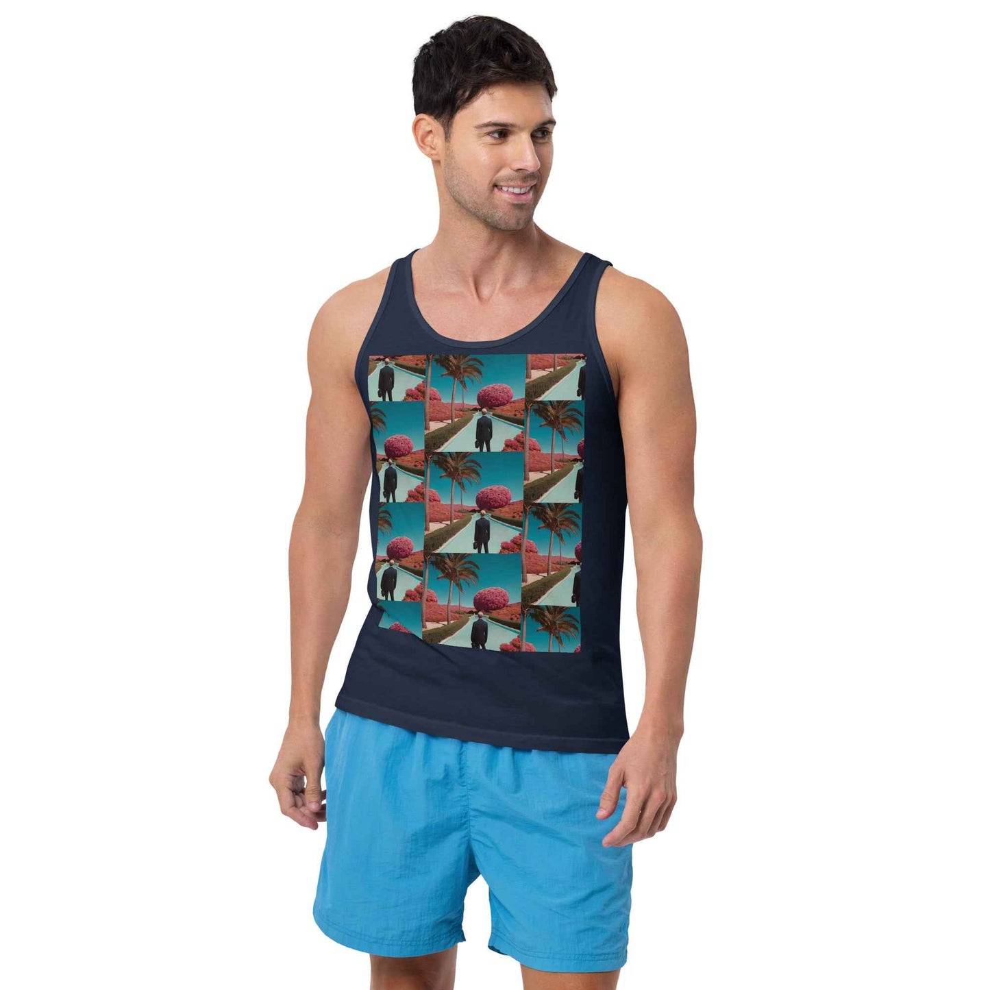 Unisex tank top, navy, graphic photo collage print on front, sleeveless scoop neck.
