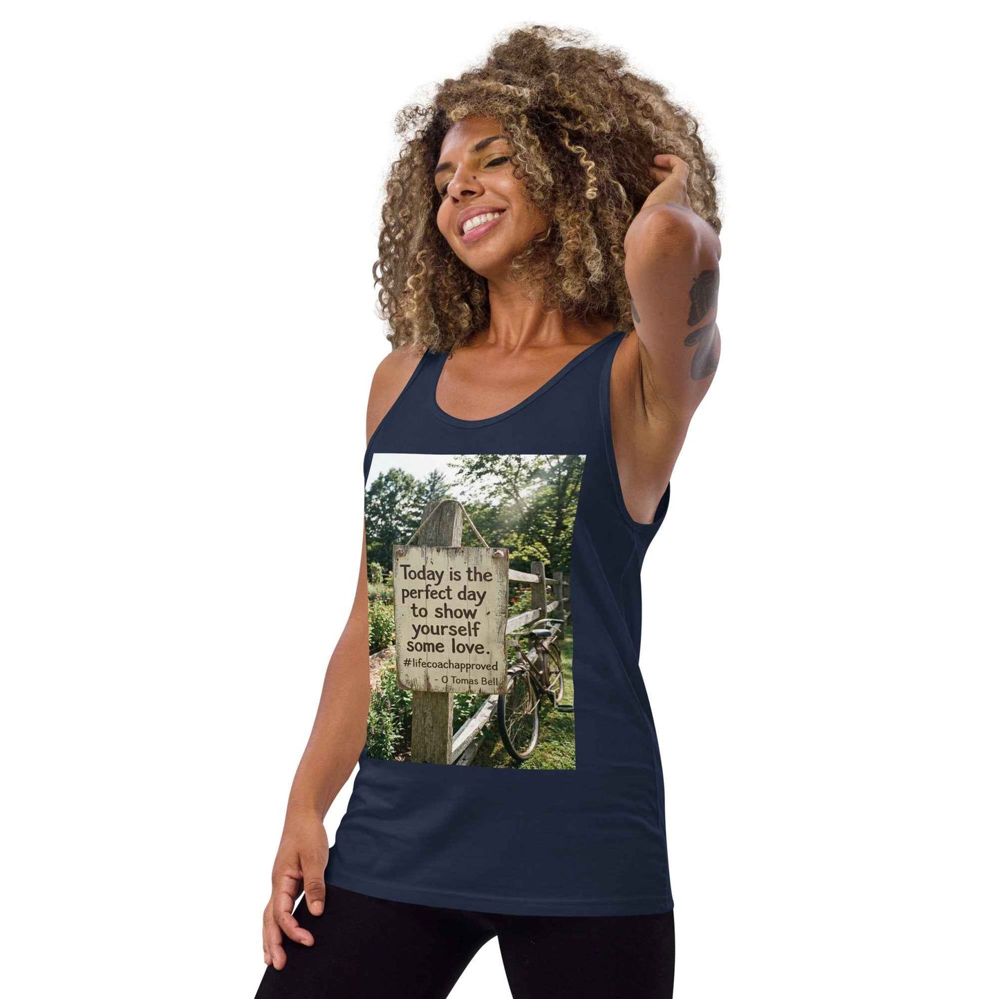 Navy unisex tank top with front inspirational quote graphic print