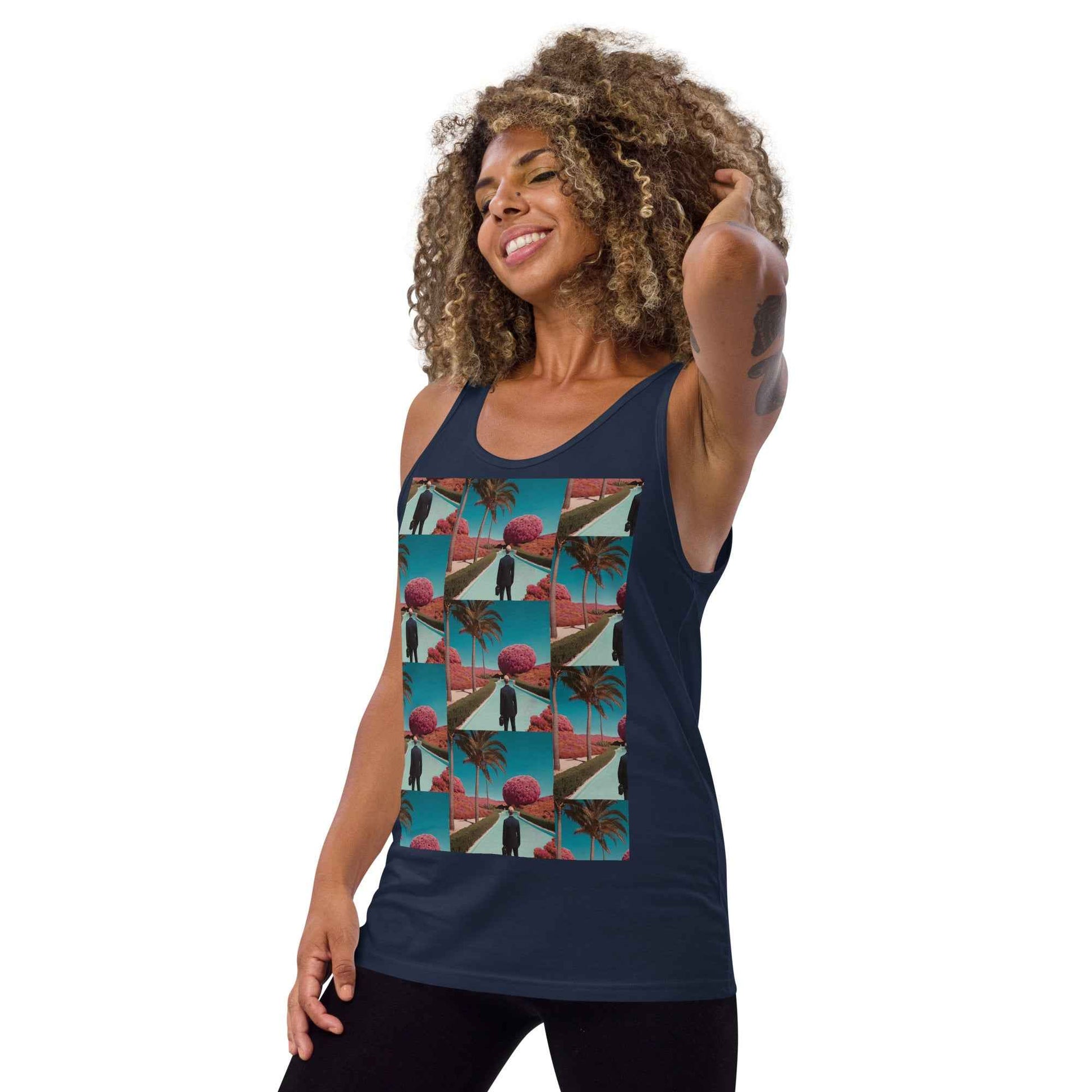 Unisex tank top, navy, sleeveless crew neck with colorful front photo collage print.