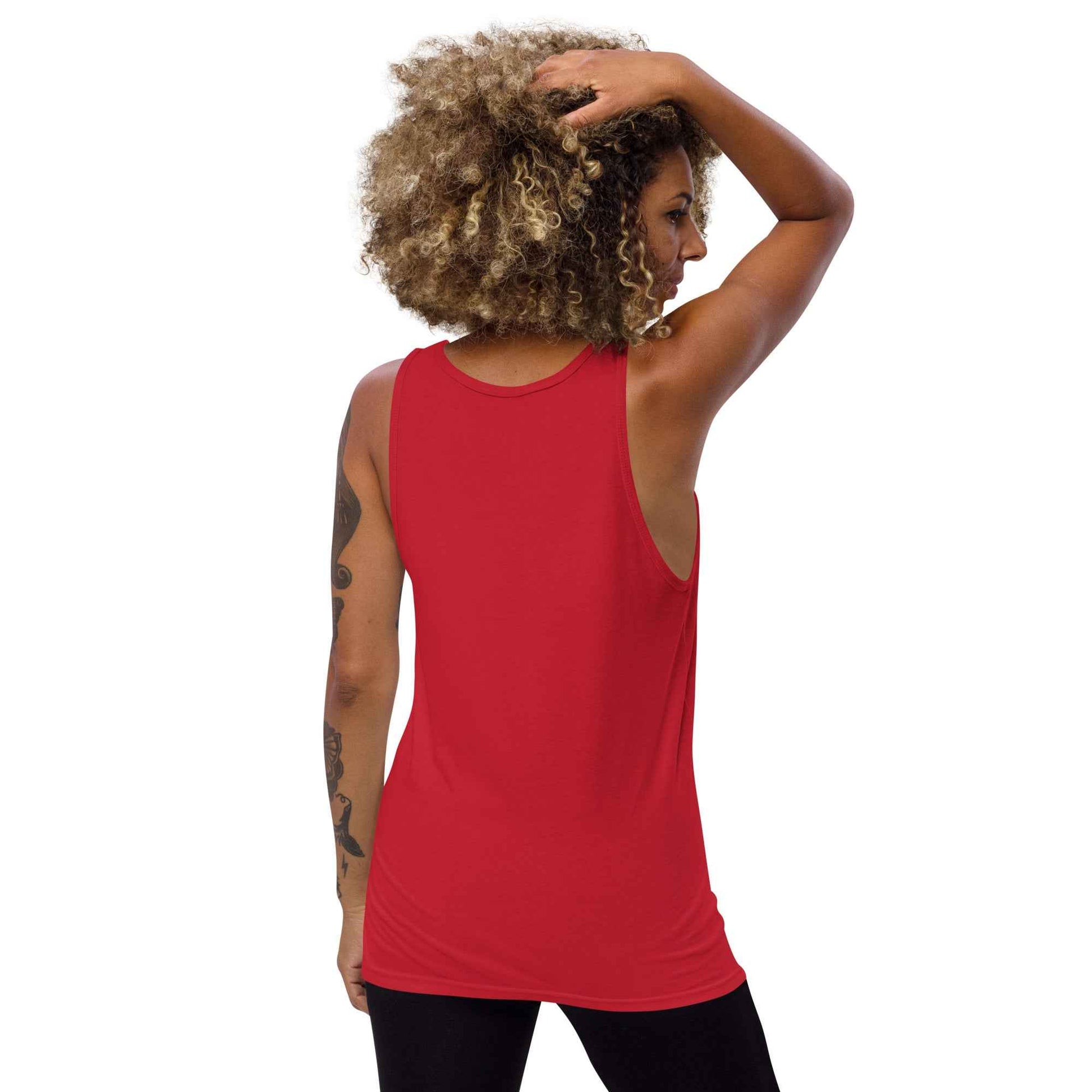 Red unisex tank top with scoop neck and racerback