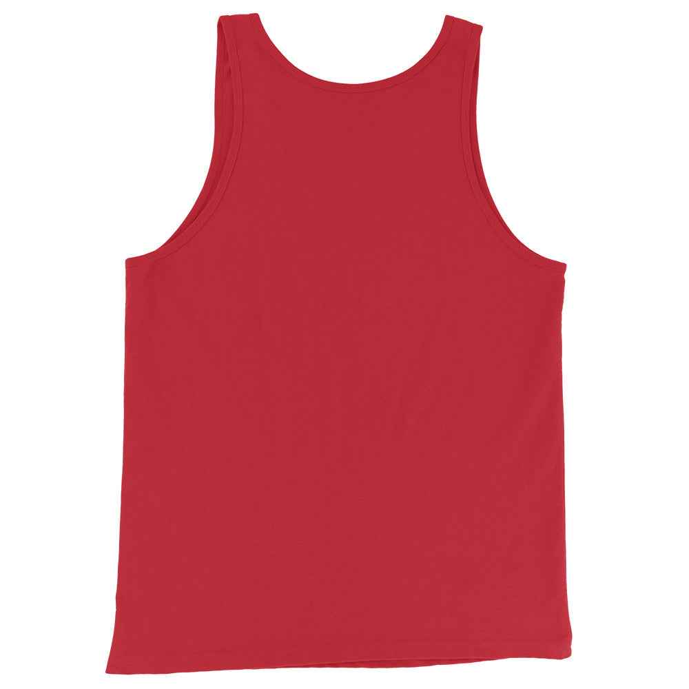 Unisex tank top in red, plain front with scoop neckline and wide shoulder straps